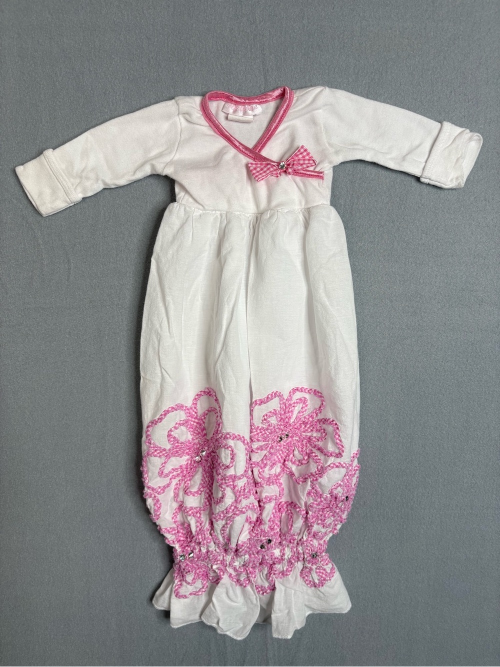 Bebemonde Vintage Baby Dress White Pink Gingham Floral Rhinestone USA